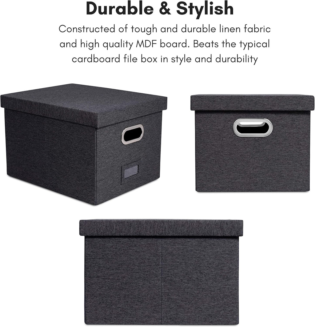 Internet's Best Collapsible File Storage Organizer with Lid - Decorative Linen Filing & Storage Office Box – Hanging Letter/Legal Folder – Home Office Bins Cabinet – Charcoal Container - 6 Pack