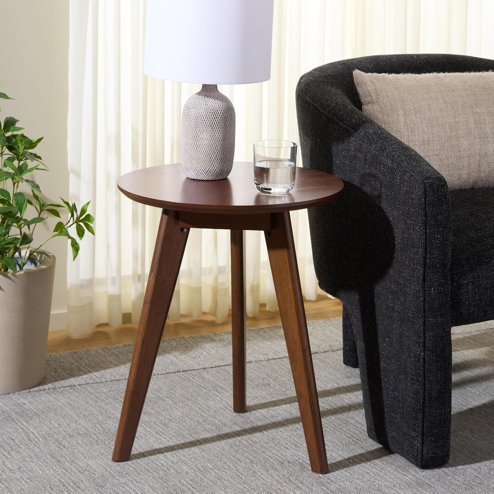 SAFAVIEH Furniture - Bahaus Round Accent Table - Walnut - Mid-Century Tripod ...