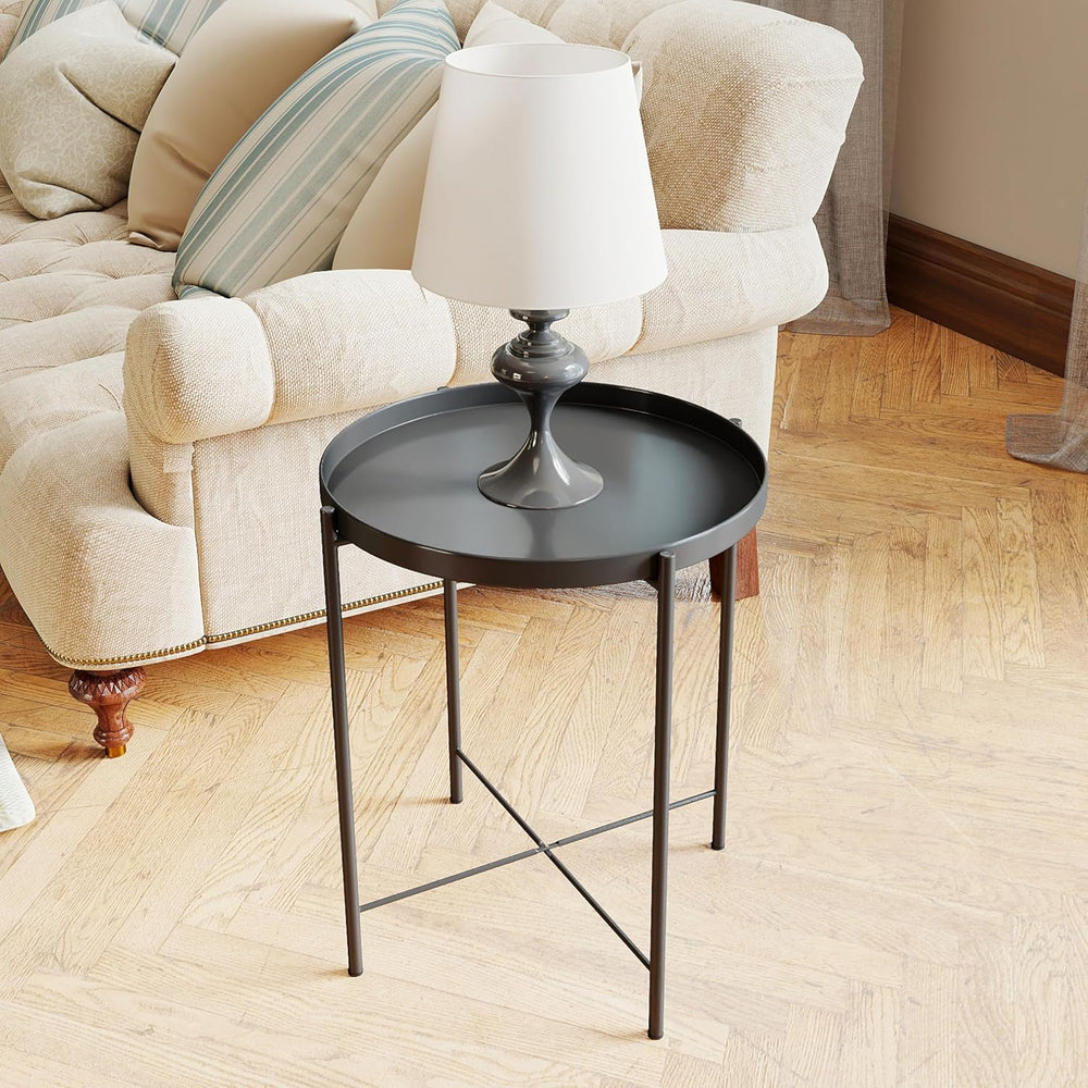 DDK 17" Round Metal Side Table with Removable Tray Top, Black Accent Tab...