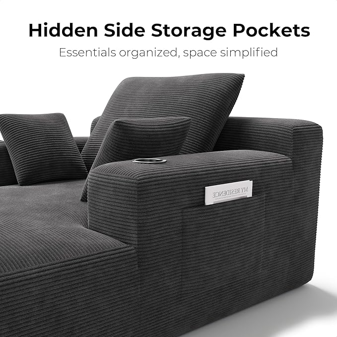 LIKIMIO 71.6" Oversized Chaise Lounge Chair Indoor, Upholstered Sofa Bed with 2 Cup Holders & 2 Storage Pockets, No Assembly Corduroy Cloud Couch, Reading Chair for Living Room (Dark Gray)