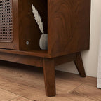 Ball & Cast 68" Mid Century Modern TV Stand for TVs up to 75", Media Console with Rattan Sliding Doors, Open Shelves & Solid Wood Legs, Entertainment Center for Living Room,Bedroom,Walnut