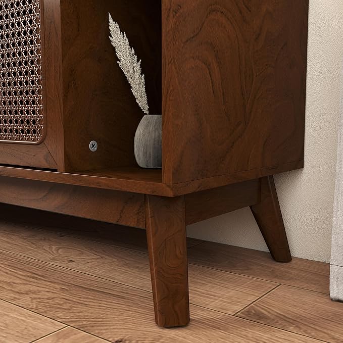 Ball & Cast 68" Mid Century Modern TV Stand for TVs up to 75", Media Console with Rattan Sliding Doors, Open Shelves & Solid Wood Legs, Entertainment Center for Living Room,Bedroom,Walnut