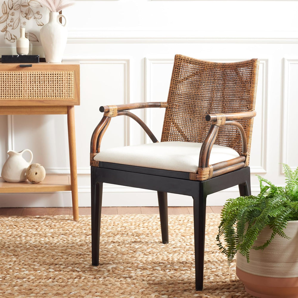 SAFAVIEH Gianni Rattan Arm Chair 19.8”, Solid Wood Brown & Black SEA4011A...