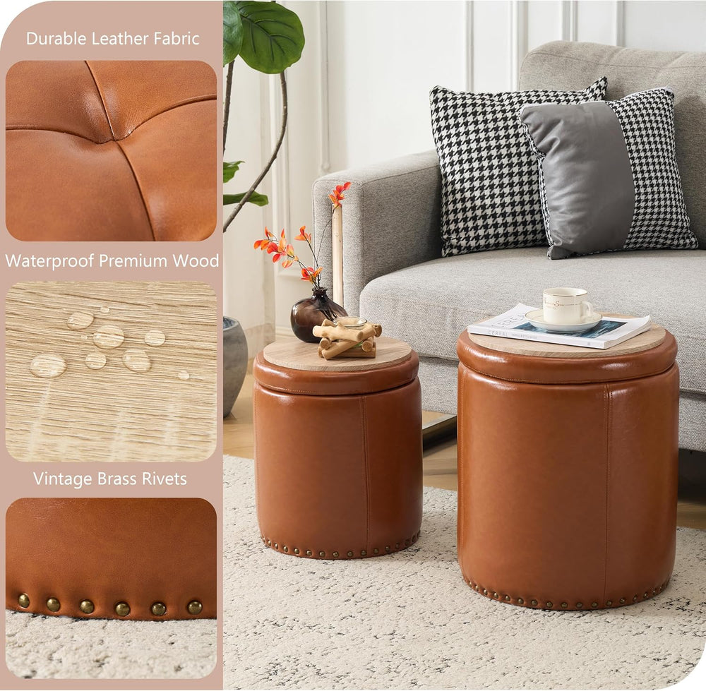 Royal Windsor Round Ottoman with Storage Set of 2, Faux Leather Button Tufted...