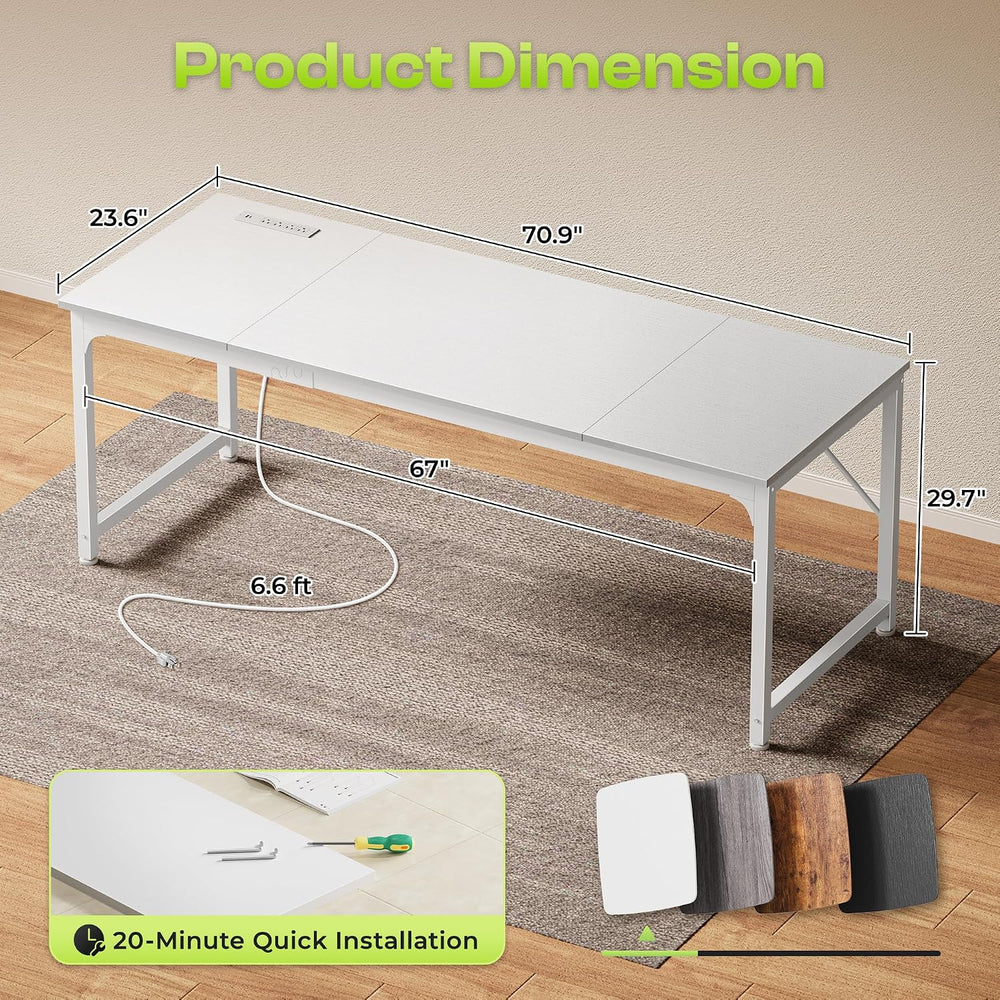 PRAISUN 70 x 24 Inch Computer Desk with Power Outlets & USB-C, White