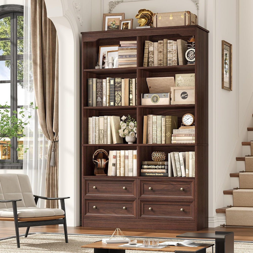 FINETONES 71" Tall Bookshelf with 4 Drawers Large Bookshelf Office Bookcase