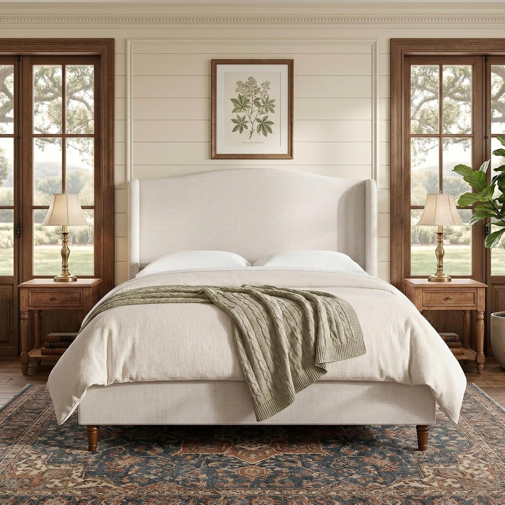 Upholstered Platform Wingback Bed Frame with 54" High Headboard, Solid W...