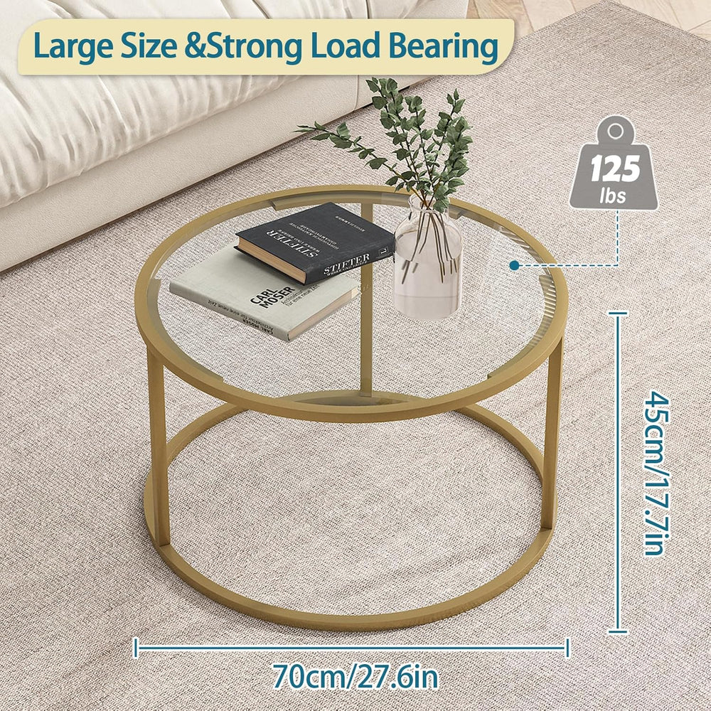 Glass Coffee Table,Round Gold Coffee Table for Small Space,27" Modern Ce...