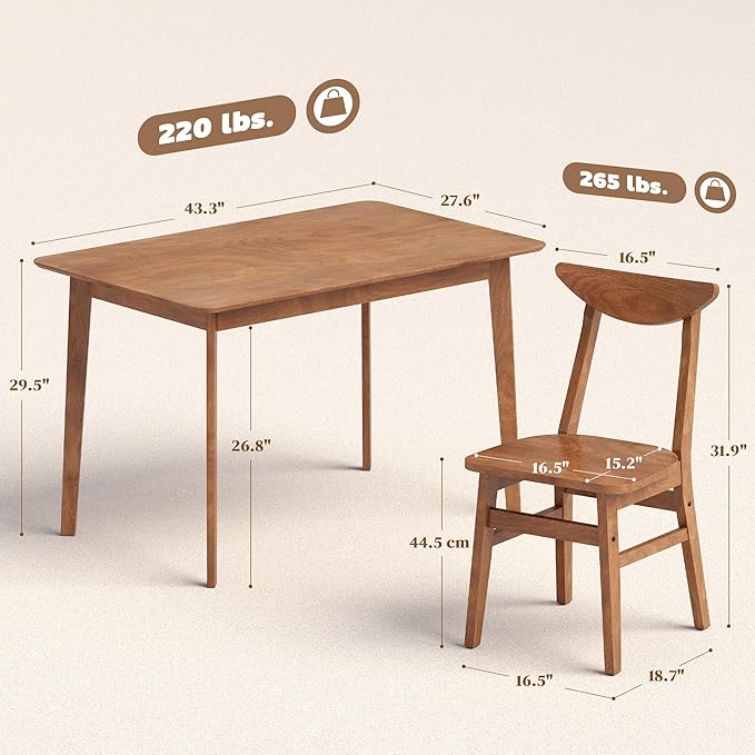 HOMCOM 5-Piece Solid Wood Dining Table Set for 4, Modern Farmhouse Kitchen Table and Chairs for Small Space, Dining Room, Breakfast Nook, Walnut
