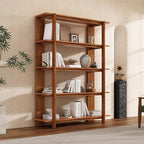 Merax 4 Shelf Bookcase H-70 L-53 Acacia Wood Open Bookshelf, Contemporary Farmhouse Style Display Storage Shelf for Home Office Studio, Teak Finish