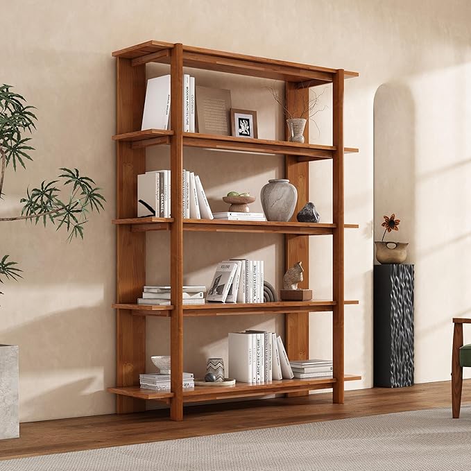 Merax 4 Shelf Bookcase H-70 L-53 Acacia Wood Open Bookshelf, Contemporary Farmhouse Style Display Storage Shelf for Home Office Studio, Teak Finish