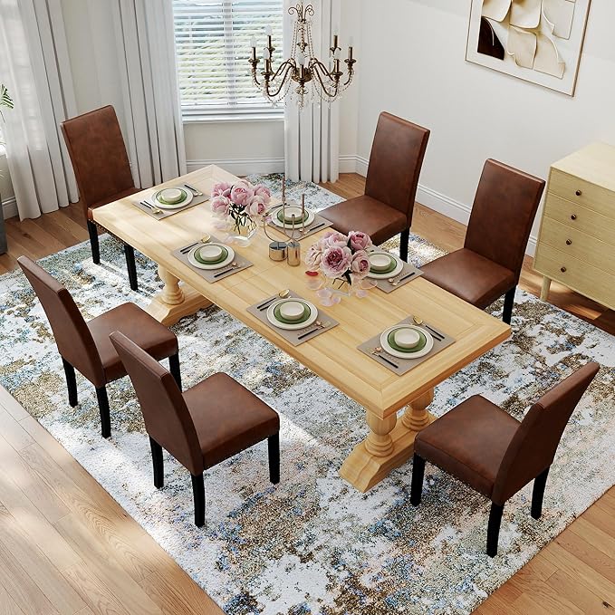 LSSPAID Dining Chairs Set of 6, PU Leather Upholstered Dining Room Chairs with Nailhead Trim and Solid Wood Legs for Home and Kitchen, Brown