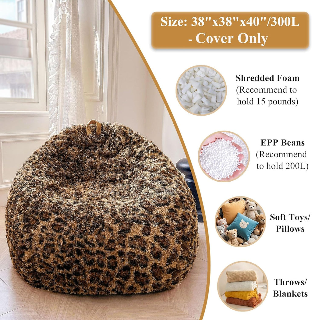 XeGe Faux Fur Leopard Print Bean Bag Chair Cover (No Filler), Fluffy Stuffed Animal Storage Cheetah Bean Bag Home Decor, Furry Fuzzy Big Beanbag Cover for Adults Teens Kids Girls, Anti-slip, Brown