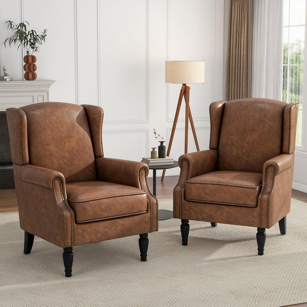 High Back Accent Chairs Set of 2, Faux Leather Wingback Armchair | Modern Upholstered Reading Seat with Removable Cushion | Comfy Nailhead Trim Single Sofa for Living Room, Bedroom - Brown