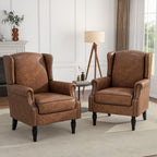 High Back Accent Chairs Set of 2, Faux Leather Wingback Armchair | Modern Upholstered Reading Seat with Removable Cushion | Comfy Nailhead Trim Single Sofa for Living Room, Bedroom - Brown