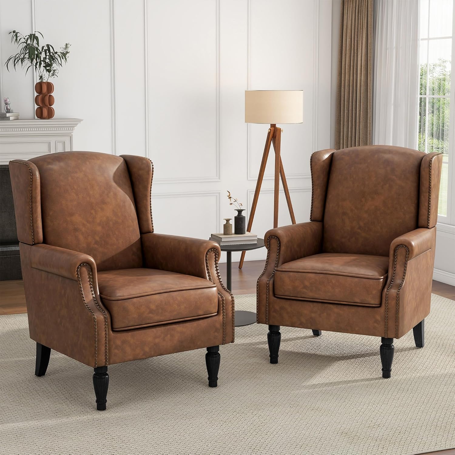 High Back Accent Chairs Set of 2, Faux Leather Wingback Armchair | Modern Upholstered Reading Seat with Removable Cushion | Comfy Nailhead Trim Single Sofa for Living Room, Bedroom - Brown