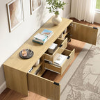 Fluted TV Stand for TVs up to 70",Modern TV Console with 2 Drawers,Wood Entertainment Center with Storage Cabinets & Adjustable Shelves for Living Room,Natural Oak
