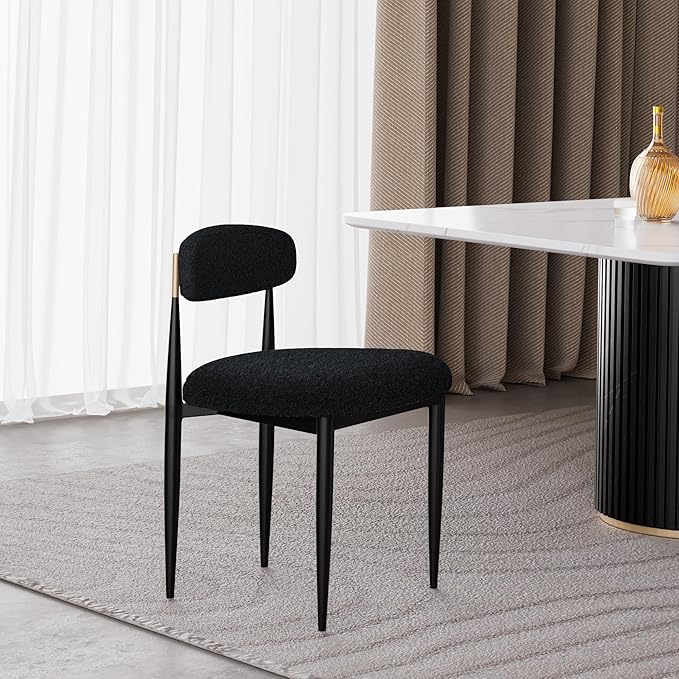 Morden Fort Black Dining Chairs Set of 2, Boucle Upholstered Chairs with Curved Backrest and Sleek Metal Legs for Dining Room, Kitchen and Apartment