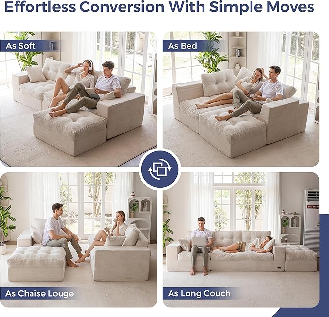 MAXYOYO 104" L Shaped Modular Sectional Sofa with Ottoman, Cloud Boneless Couch with Layered Cushion, Upholstered Sofa in a Box, Flexible Module Combination for Living Room, No Assembly, Beige