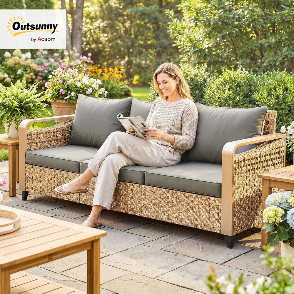 Outsunny Outdoor Patio Couch with Wide and Deep Seat, 3 Seater Wicker Outdoor...
