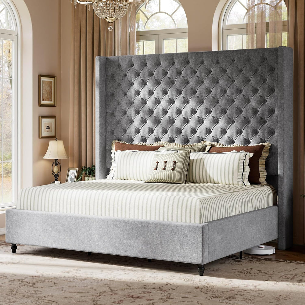 Jocisland Queen Bed Frame with 63" Tall Wingback Headboard, Grey