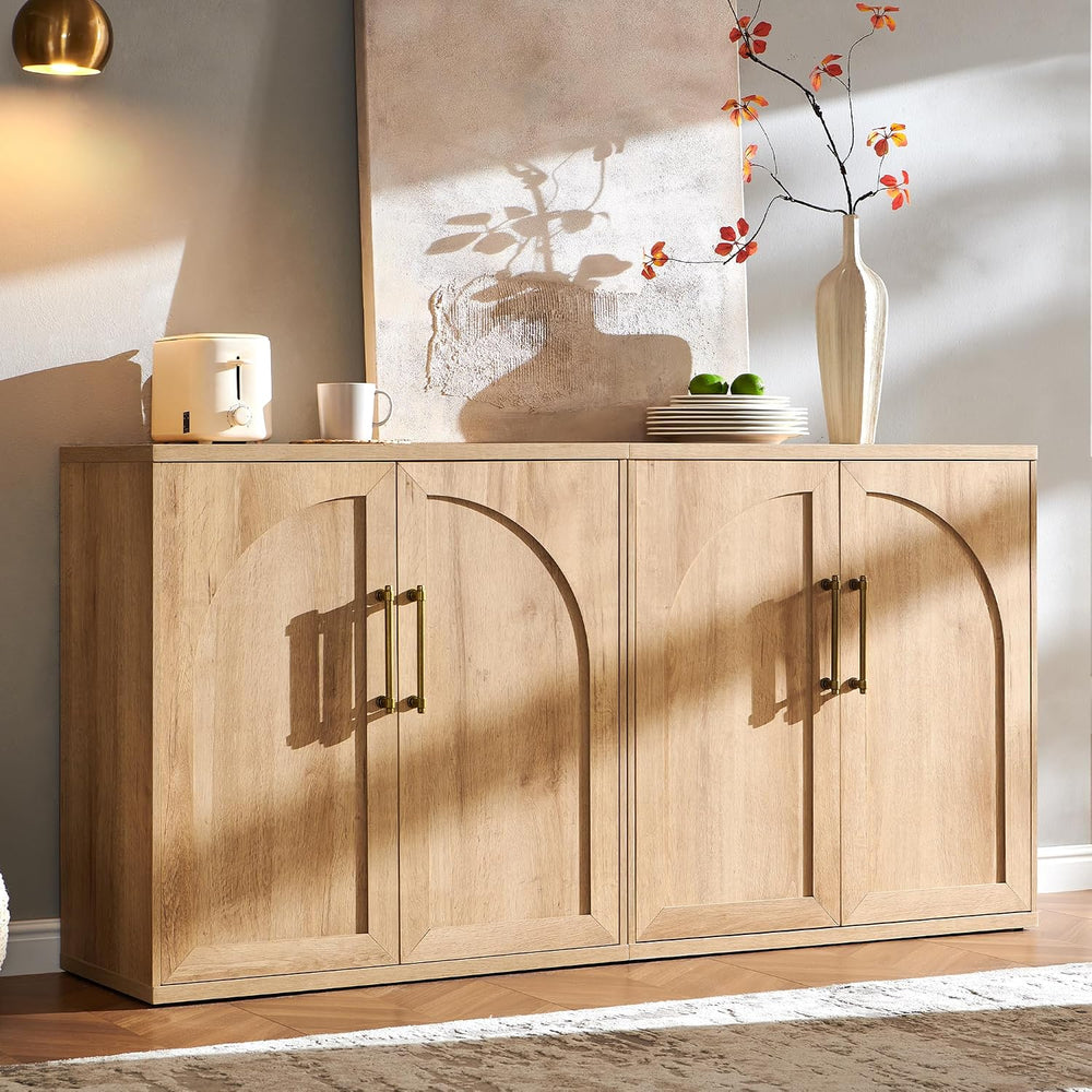 Glass Arched Door Sideboard Buffet Cabinet, Natural Oak