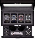 ROTHWELL 4-Slot Matte Black Watch Box with Valet Drawer - Premium Jewelry Display Case Organizer with Locking Glass Top and Microsuede Liner for Men & Women (Carbon Interior)