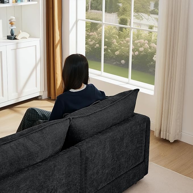 Ball & Cast 3 Seater Modular L Shaped Sectional Sofa with Movable Ottoman and 4 Pillows,Comfy Cloud Couch W/Deep Seat,DIY Combination,Chenille Upholstered Sofa for Living Room,Apartment,Black,105"