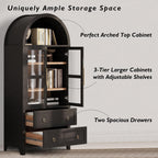HRVEOCEI Black Arched Cabinet with Glass Doors, Tall Arch Kitchen Pantry with 2 Large Drawers & Adjustable Shelves/Golden Handles, Wood Hutch Cabinet for Kitchen, Dining Room, Living Room