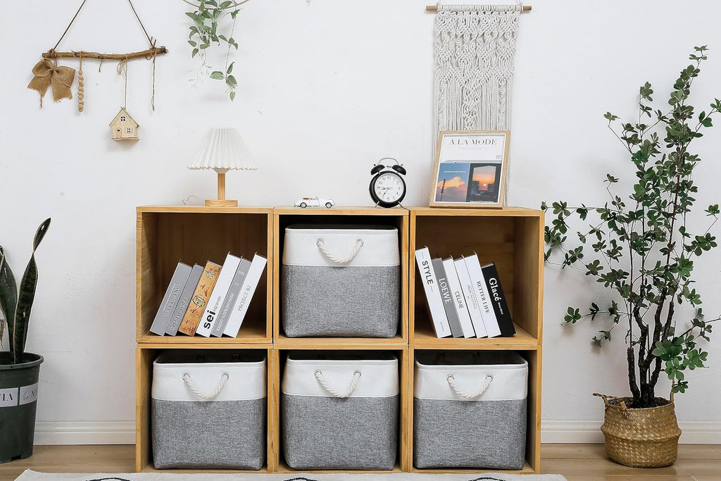 13 x 13 Inch Cube Storage Bins, 4 Pack Large Collapsible Fabric Storage Bin with Ropes, Foldable Storage Cubes for Home, Office,Closet, Clothes, Toys Organizer (White & Grey)