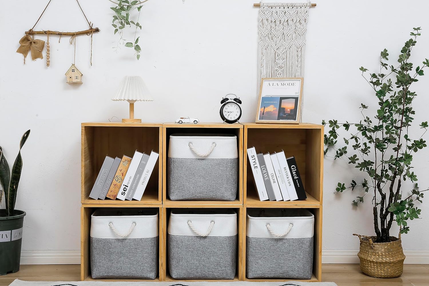 13 x 13 Inch Cube Storage Bins, 4 Pack Large Collapsible Fabric Storage Bin with Ropes, Foldable Storage Cubes for Home, Office,Closet, Clothes, Toys Organizer (White & Grey)