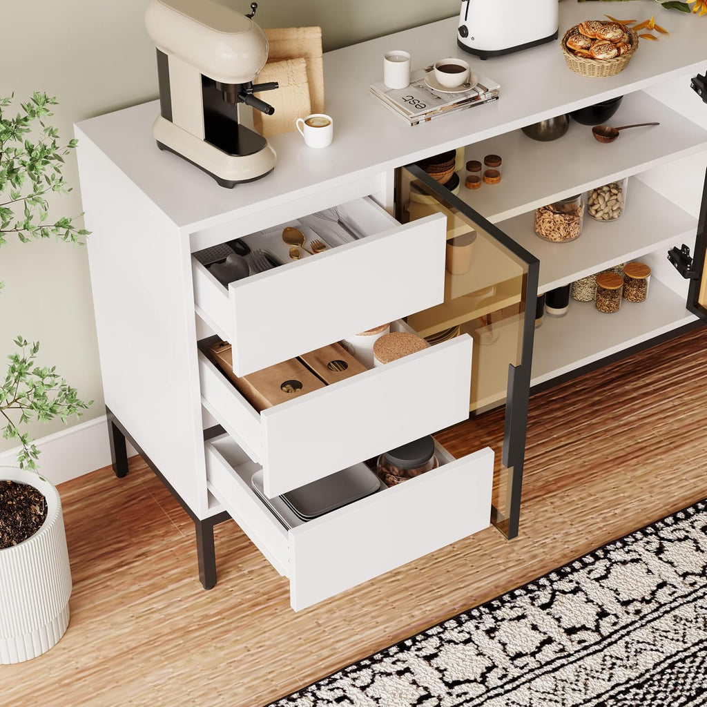 Freestanding Storage Cabinet with 3 Dawers, 3 Shelves, Single Door & French Door, Rectangular Wood Kitchen Pantry, Modern Minimalist, for Living Room, Dining Room, White