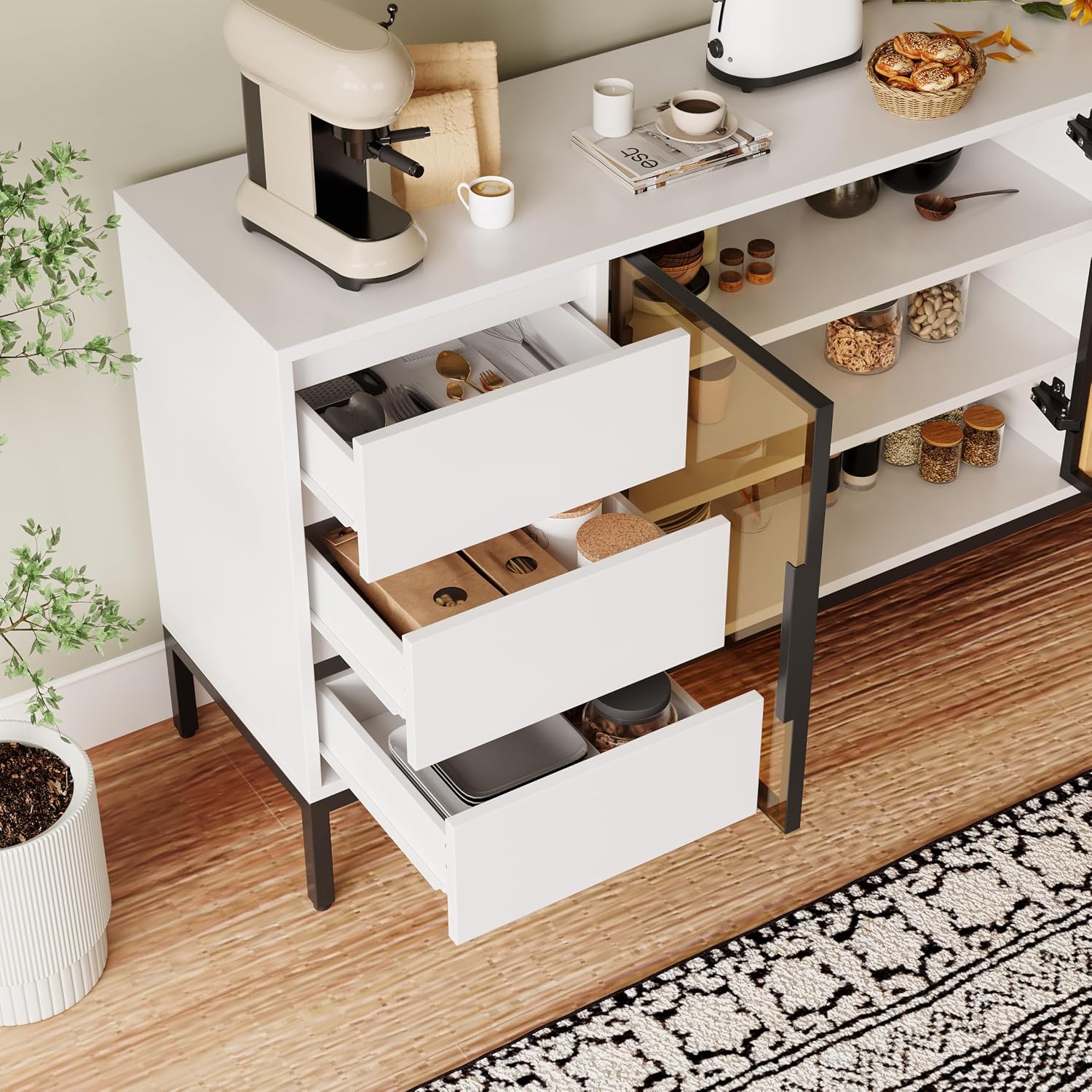 Freestanding Storage Cabinet with 3 Dawers, 3 Shelves, Single Door & French Door, Rectangular Wood Kitchen Pantry, Modern Minimalist, for Living Room, Dining Room, White