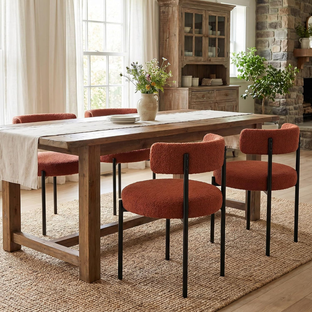 Mid-Century Modern Dining Chairs Set of 4, Boucle, Rust