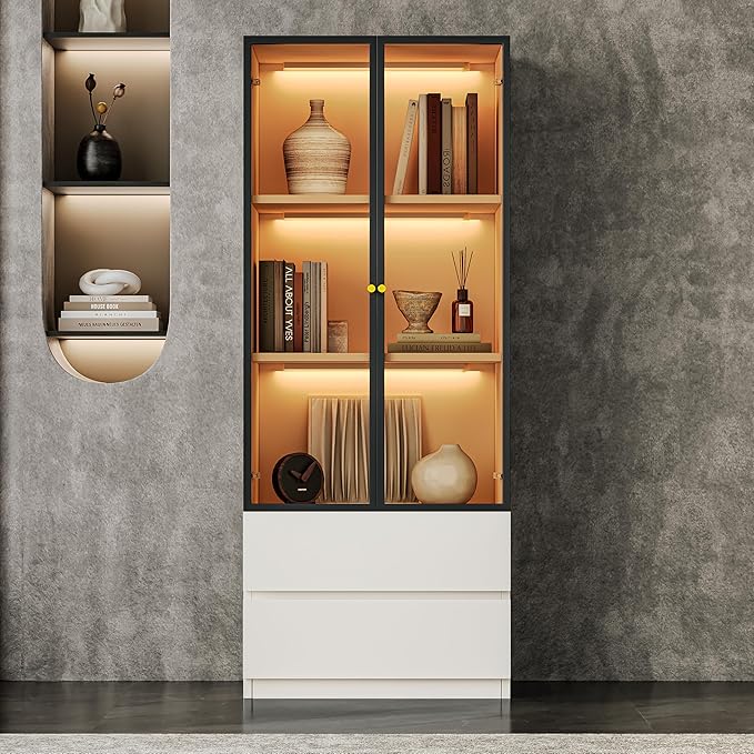 Modern White Lighted Glass Display Cabinet with Two Drawers, Dining China Hutch with 3 Tiers Storage Shelves, Wooden Curio Display Showcase for Living Room Kitchen (A-23'' Glass Cabinet)