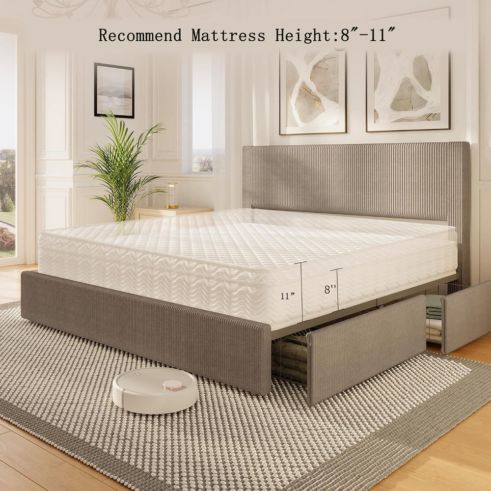 Garvee Corduroy Bed Frame with Headboard, Platform Upholstered Queen Bed Fram...