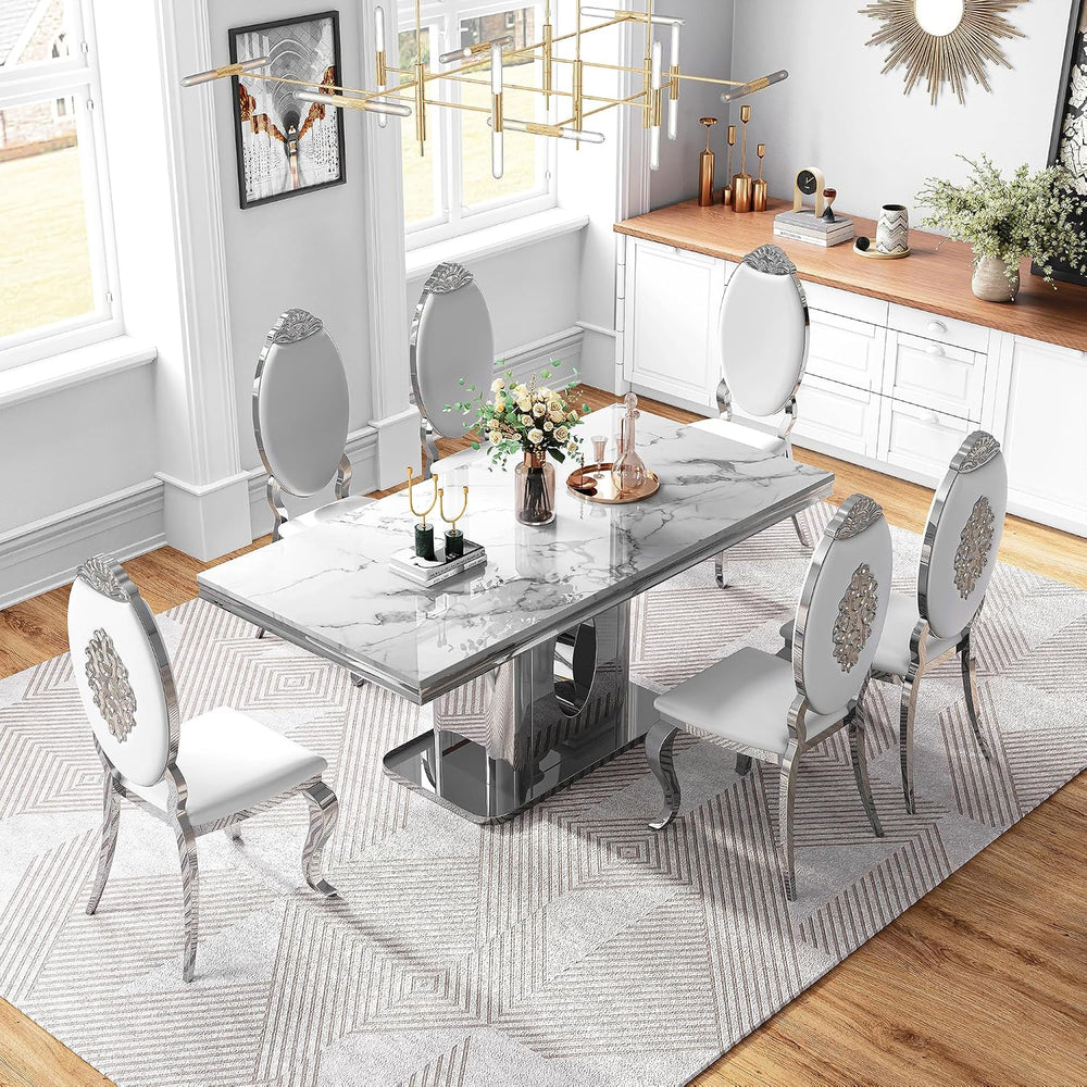 AF ARTISAN FURNITURE 7 Piece White Marble Dining Table, 70'' Rectangl...
