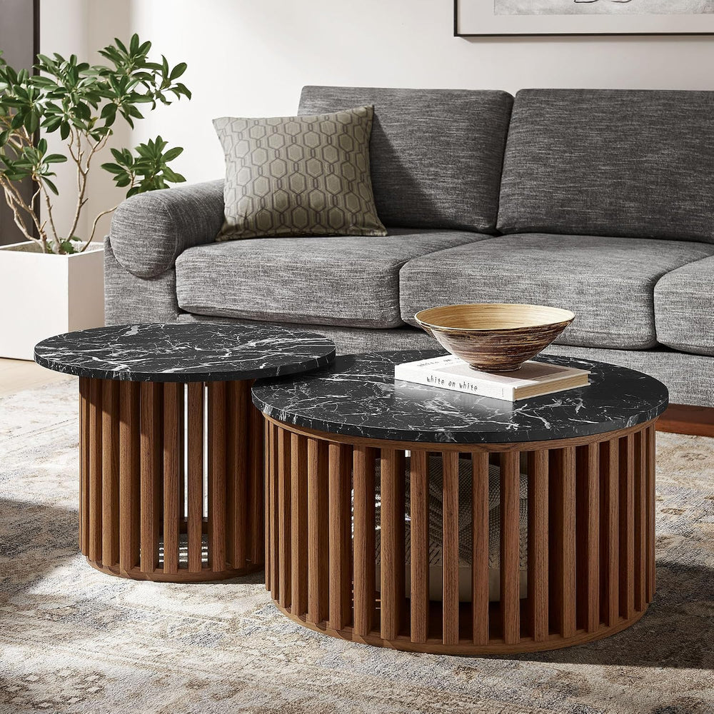 Modway Fortitude Round Faux Marble Wood Nesting Coffee Table Set in Walnut Bl...
