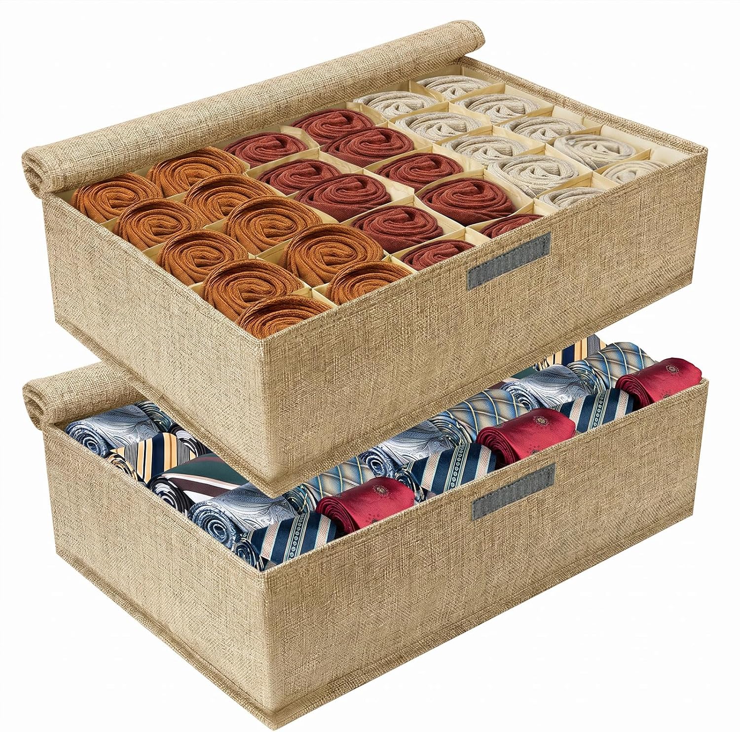 Beige Sock Organizer Divider 2 Pack with Lid - 30 Cell Foldable Closet Storage, Tie Organizer For Men Boxes for Socks, Ties, Belts