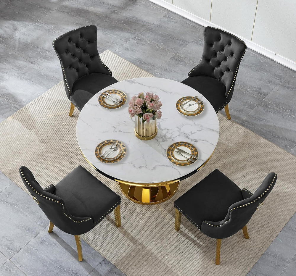 Henf Luxury Round Dining Table for 4-6 White Gold 45" Faux Marble Kitche...