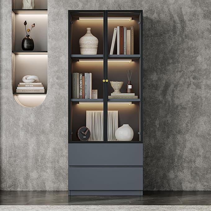 Modern Grey Lighted Glass Display Cabinet with Two Drawers, Dining China Hutch with 3 Tiers Storage Shelves, Wooden Curio Display Showcase for Living Room Kitchen (A-23'' Glass Cabinet)