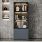 Modern Grey Lighted Glass Display Cabinet with Two Drawers, Dining China Hutch with 3 Tiers Storage Shelves, Wooden Curio Display Showcase for Living Room Kitchen (A-23'' Glass Cabinet)