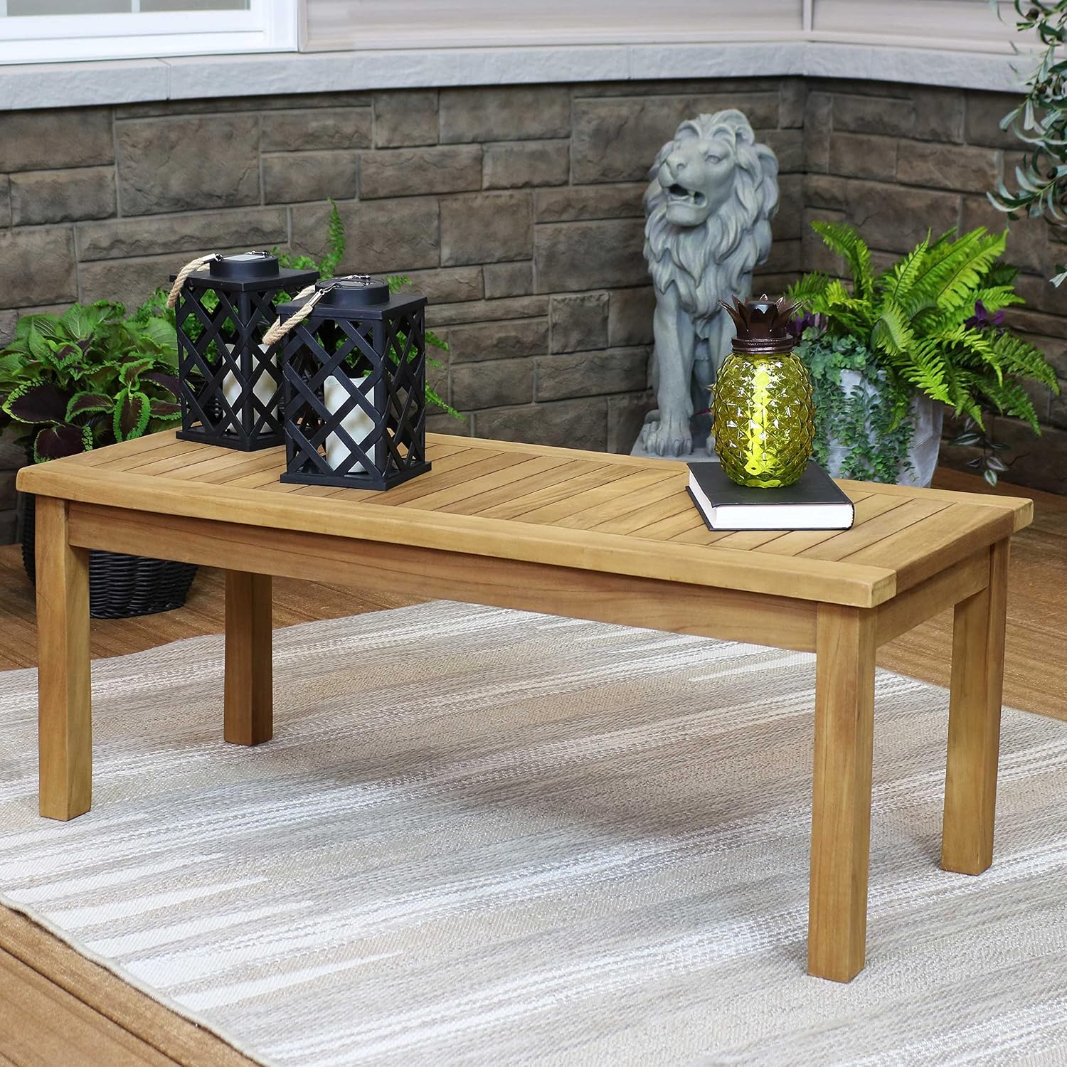 Sunnydaze Outdoor Patio Coffee Table, Solid Teak Wood, 45” W, Rectangular | Light Brown Wood Stain Finish, Slatted Wooden Outdoor Coffee Table, Comfortably Seats 4, Sturdy Teak Coffee Table for Outside