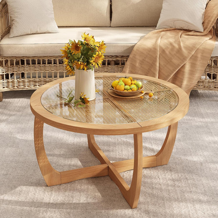 PADMA HOUSE Round Wood Coffee Table with Glass Rattan Top, 32.28" x 18.15"