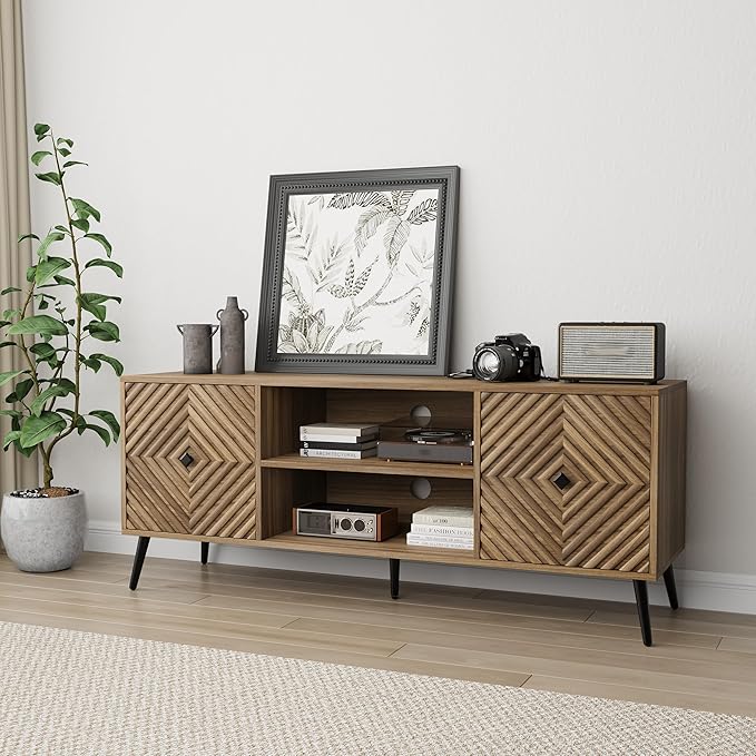 Smuxee Walnut TV Stand with Fluted Diamond Doors, 55.12" Mid Century Modern TV Media Console for TVs up to 65", TV Cabinet with Adjustable Shelf & 2 Cabinets for Living Room