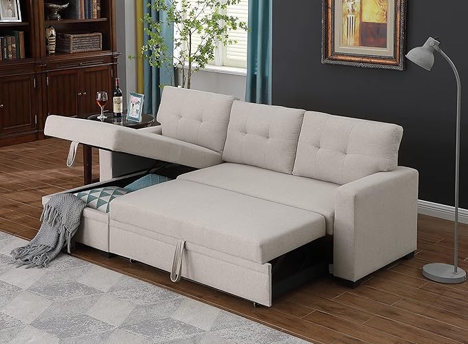 Devion Furniture Garisa 4-in-1 Convertible L Shaped Couch with Pull Out Bed and Storage, Sectional Sleeper Sofa with Reversible Chaise for Living Room, Apartment, Bedroom, Office