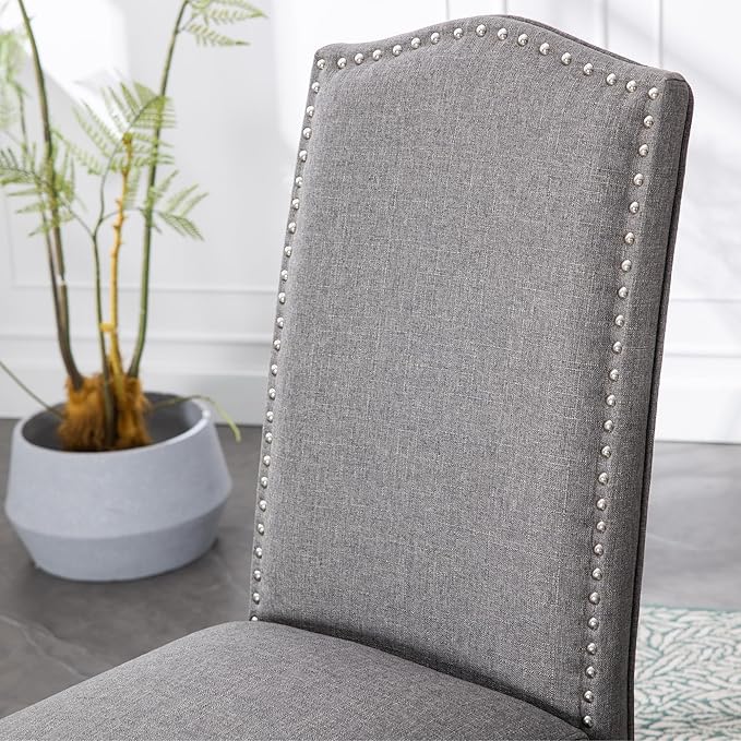 Upholstered Dining Chair Modern Stylish Parsons Kitchen Diner High Back with Silver Nailhead Trim & Wood Legs, Set of 6, Fabric Classic Grey