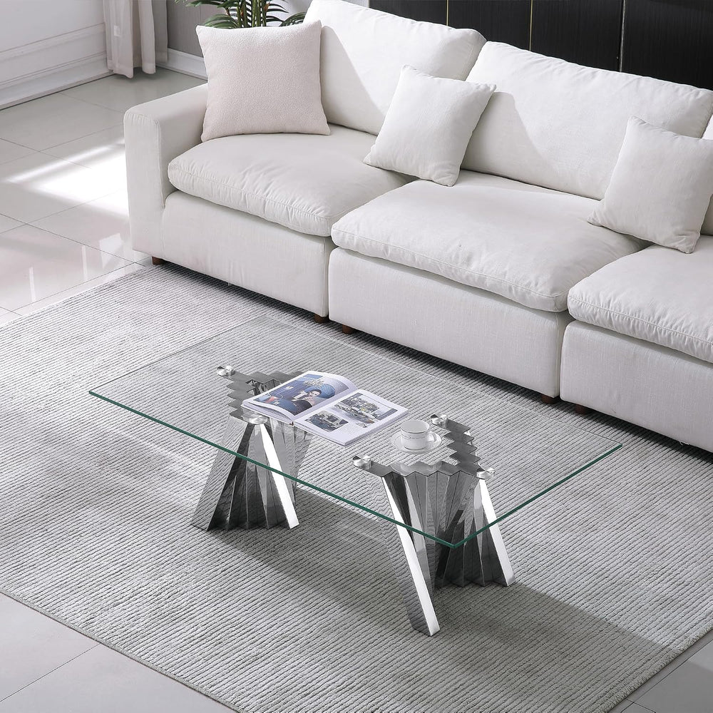 HomVent Glass Coffee Table with Silver Stainless Steel Base | 47"Rectang...