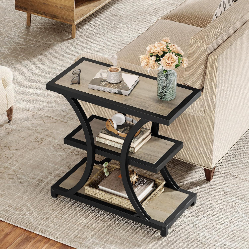 Tribesigns End Table with Storage, 3-Tier Side Table with Geometric Metal Des...