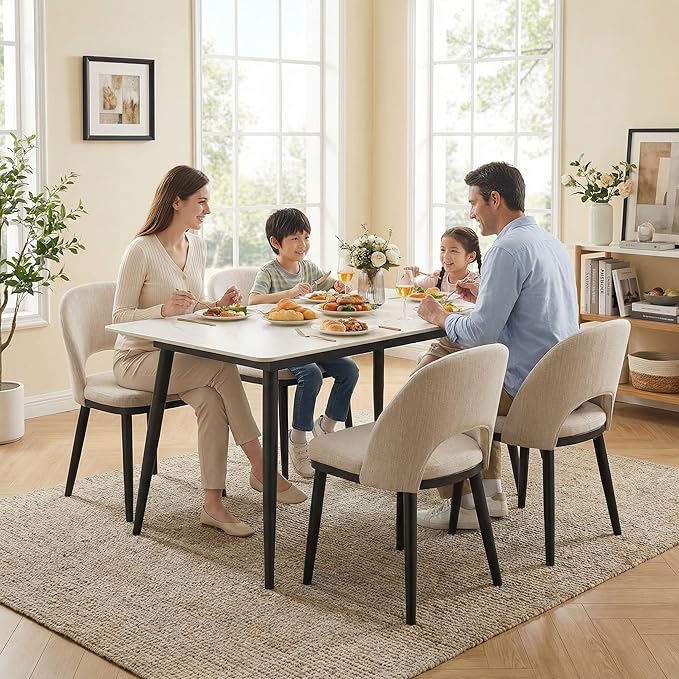 Wooden Dining Chairs Set of 4,Upholstered Kitchen Dining Room Chairs with Curved Backrest and Wood Leg,Modern Fabric Farmhouse Dinner Chair for Restaurant/Cafe,Beige